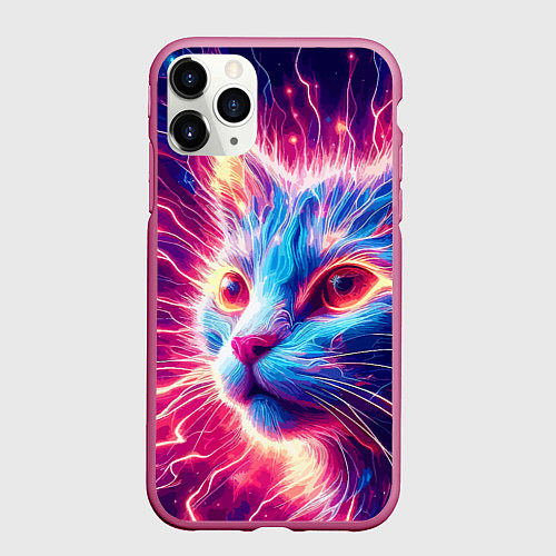 Чехол iPhone 11 Pro матовый Неоновая мордочка котёнка - нейроарт элетро кот / 3D-Малиновый – фото 1