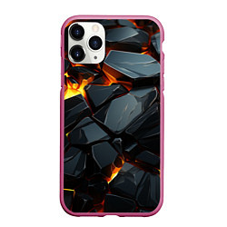 Чехол iPhone 11 Pro матовый Черные камни с желтым светом, цвет: 3D-малиновый