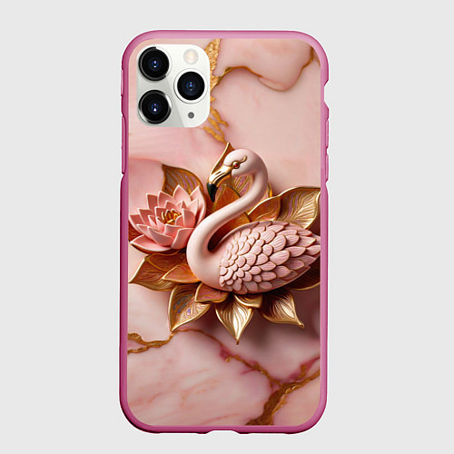 Чехол iPhone 11 Pro матовый Розовый мраморный фламинго и лотос / 3D-Малиновый – фото 1