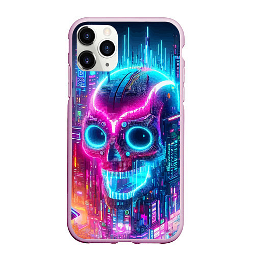 Чехол iPhone 11 Pro матовый Neon skull in metropolis - future / 3D-Розовый – фото 1