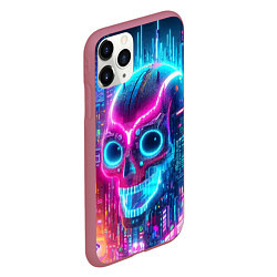 Чехол iPhone 11 Pro матовый Neon skull in metropolis - future, цвет: 3D-малиновый — фото 2