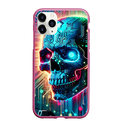 Чехол iPhone 11 Pro матовый Cool cyber skull - neon glow / 3D-Малиновый – фото 1