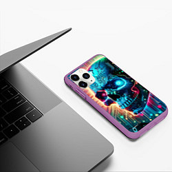 Чехол iPhone 11 Pro матовый Cool cyber skull - neon glow, цвет: 3D-фиолетовый — фото 2