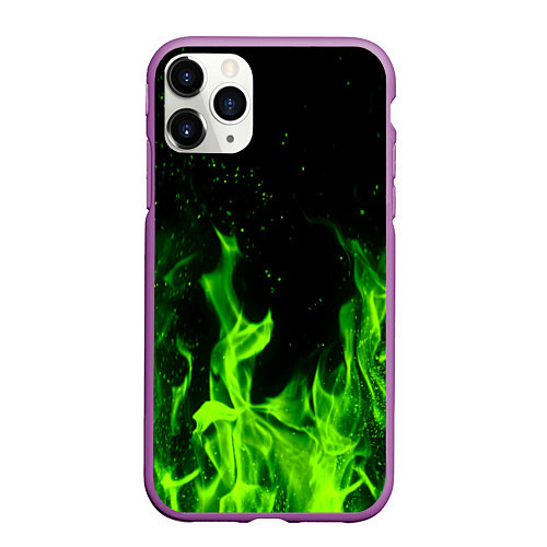 Чехол iPhone 11 Pro матовый Огонь зелёный текстура / 3D-Фиолетовый – фото 1