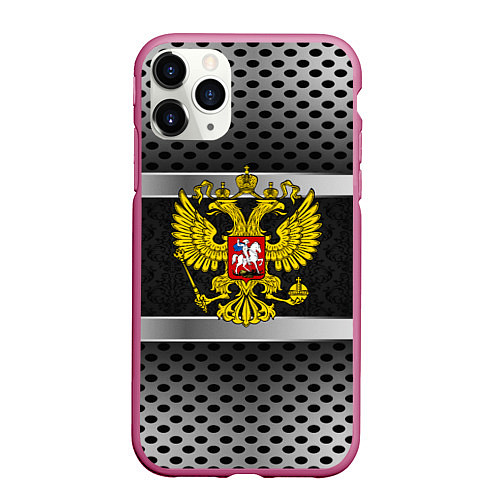 Чехол iPhone 11 Pro матовый Герб РФ текстура карбон / 3D-Малиновый – фото 1