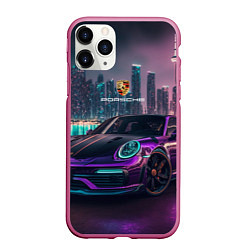 Чехол iPhone 11 Pro матовый Porshe night city, цвет: 3D-малиновый