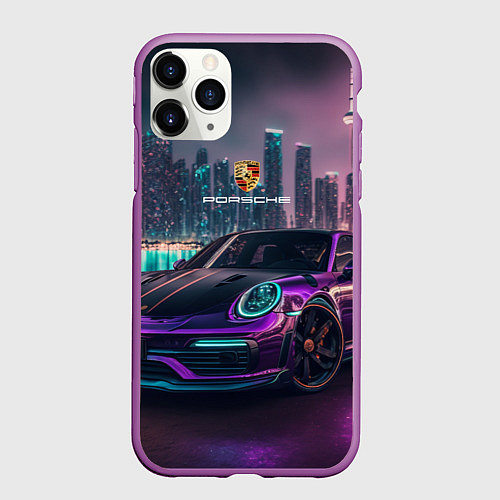 Чехол iPhone 11 Pro матовый Porshe night city / 3D-Фиолетовый – фото 1