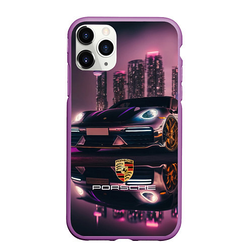 Чехол iPhone 11 Pro матовый Porshe night city / 3D-Фиолетовый – фото 1