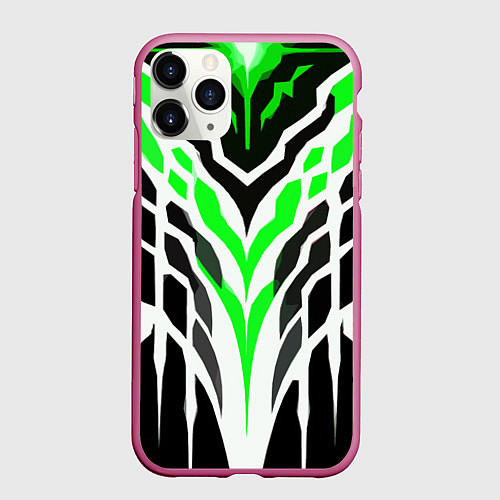 Чехол iPhone 11 Pro матовый Агрессивные зелёно-белые полосы на чёрном фоне / 3D-Малиновый – фото 1