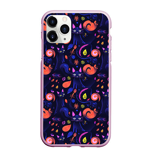 Чехол iPhone 11 Pro матовый Черные кошки - паттерн / 3D-Розовый – фото 1