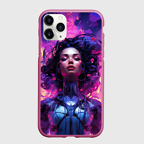 Чехол iPhone 11 Pro матовый Девушка в стиле киберпанк с развевающимися волосам / 3D-Малиновый – фото 1