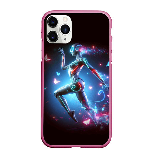 Чехол iPhone 11 Pro матовый Cyber girl and butterflies - neon glow fantasy / 3D-Малиновый – фото 1