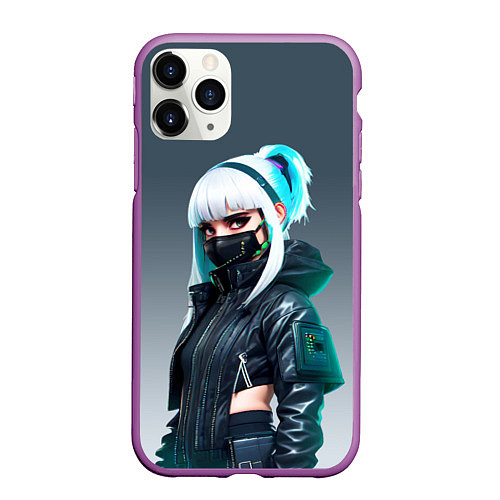 Чехол iPhone 11 Pro матовый Красивая блондинка в маске - киберпанк / 3D-Фиолетовый – фото 1