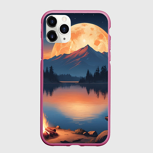 Чехол iPhone 11 Pro матовый Костер на берегу озера / 3D-Малиновый – фото 1