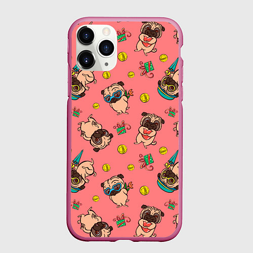 Чехол iPhone 11 Pro матовый Забавные мопсы паттерн / 3D-Малиновый – фото 1