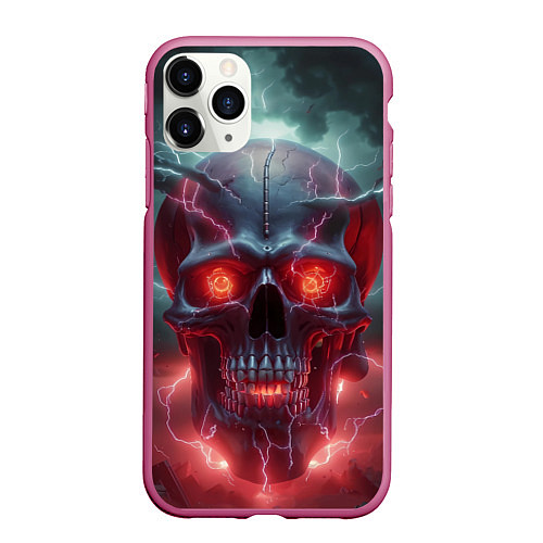 Чехол iPhone 11 Pro матовый Грозовой череп с молниями / 3D-Малиновый – фото 1