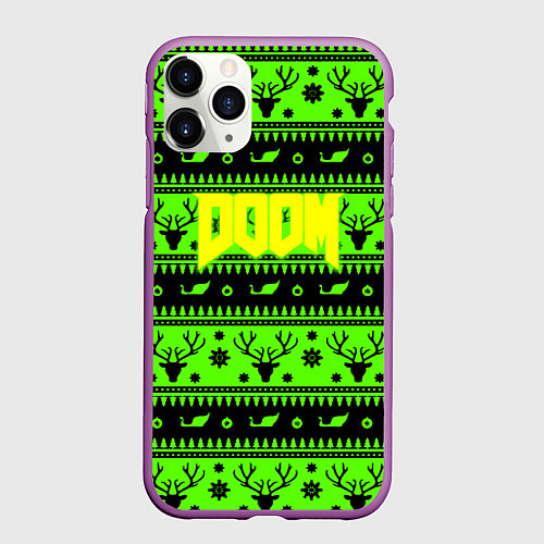 Чехол iPhone 11 Pro матовый Doom кислотный новый год / 3D-Фиолетовый – фото 1