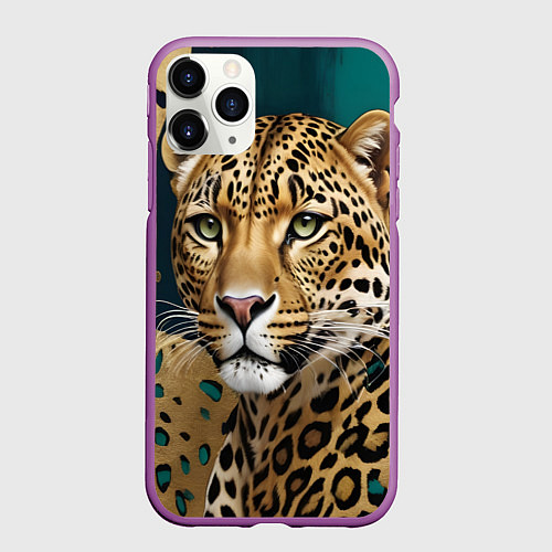 Чехол iPhone 11 Pro матовый Леопард на нефритовом фоне / 3D-Фиолетовый – фото 1