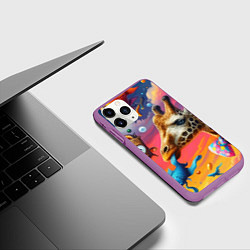 Чехол iPhone 11 Pro матовый Жираф в бабочке держит во рту рыбу - сюрреализм, цвет: 3D-фиолетовый — фото 2