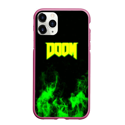 Чехол iPhone 11 Pro матовый Doom кислотное лого огонь / 3D-Малиновый – фото 1