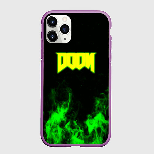 Чехол iPhone 11 Pro матовый Doom кислотное лого огонь / 3D-Фиолетовый – фото 1