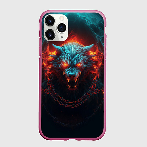 Чехол iPhone 11 Pro матовый Агрессивный волк с горящими глазами / 3D-Малиновый – фото 1
