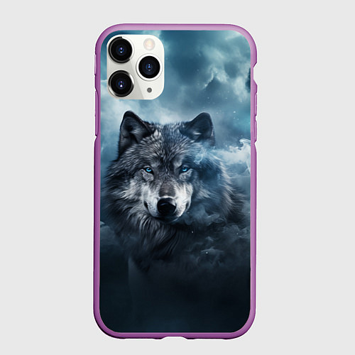 Чехол iPhone 11 Pro матовый Волк ночью под луной / 3D-Фиолетовый – фото 1