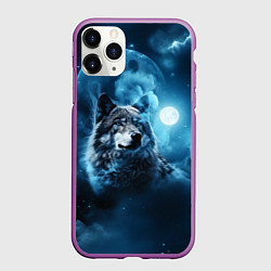 Чехол iPhone 11 Pro матовый Волк ночное синее небо, цвет: 3D-фиолетовый
