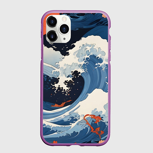 Чехол iPhone 11 Pro матовый Япония волны алые цветы / 3D-Фиолетовый – фото 1