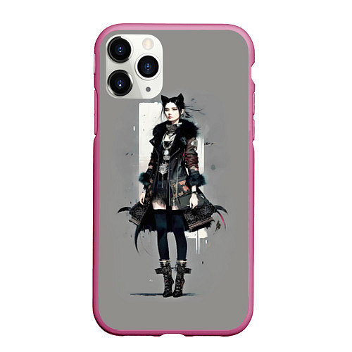 Чехол iPhone 11 Pro матовый Girl cat fashionista - ai art fantasy / 3D-Малиновый – фото 1