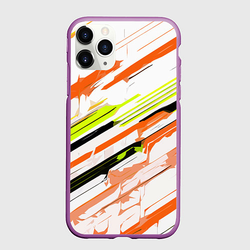 Чехол iPhone 11 Pro матовый Оранжево-жёлто-чёрные полосы на белом фоне / 3D-Фиолетовый – фото 1
