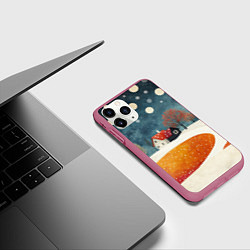Чехол iPhone 11 Pro матовый Зимнее снежное поле и домик, цвет: 3D-малиновый — фото 2