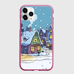 Чехол iPhone 11 Pro матовый Зимние домики иллюстрация, цвет: 3D-малиновый