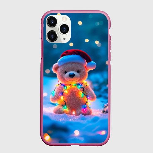 Чехол iPhone 11 Pro матовый Мишка в гирлянде / 3D-Малиновый – фото 1
