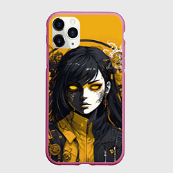 Чехол iPhone 11 Pro матовый Девушка в стиле аниме в куртке на жёлтом фоне, цвет: 3D-малиновый