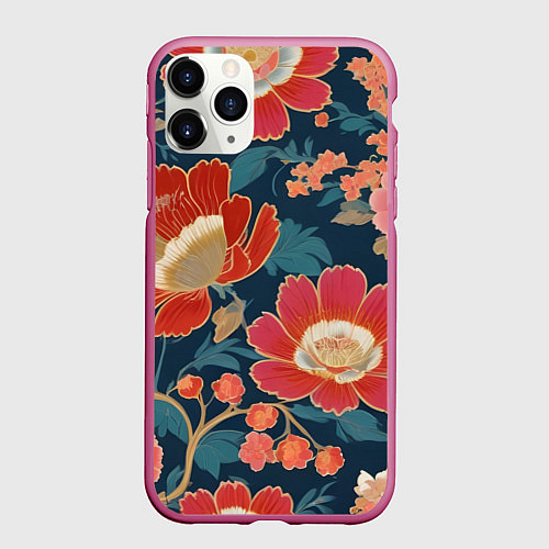 Чехол iPhone 11 Pro матовый Искусство алые цветы / 3D-Малиновый – фото 1