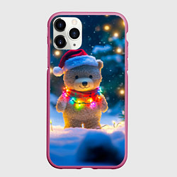 Чехол iPhone 11 Pro матовый Медвежонок в новогодних гирляндах, цвет: 3D-малиновый