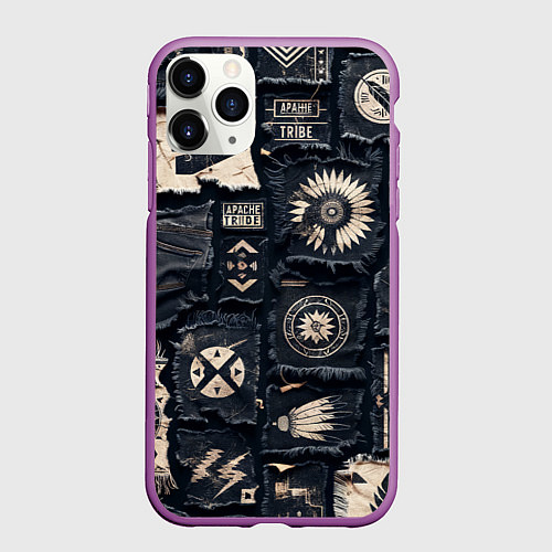 Чехол iPhone 11 Pro матовый Знаки Апачи на пэчворк дениме / 3D-Фиолетовый – фото 1
