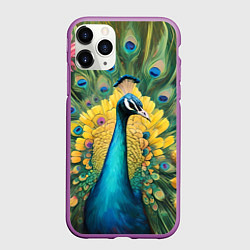 Чехол iPhone 11 Pro матовый Павлин, ананасы и пальмовые ветви, цвет: 3D-фиолетовый
