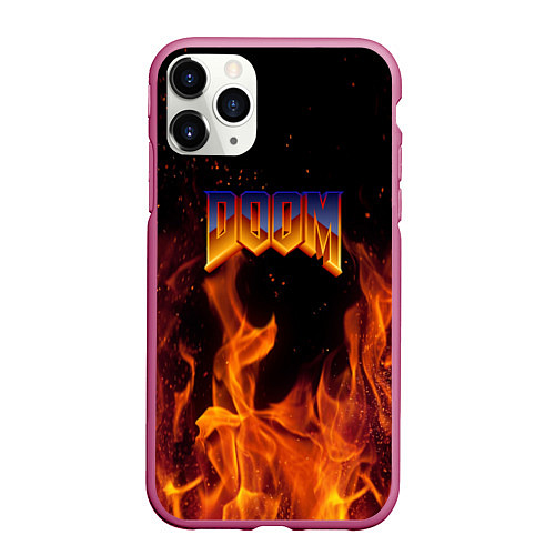 Чехол iPhone 11 Pro матовый Doom fire steel logo / 3D-Малиновый – фото 1