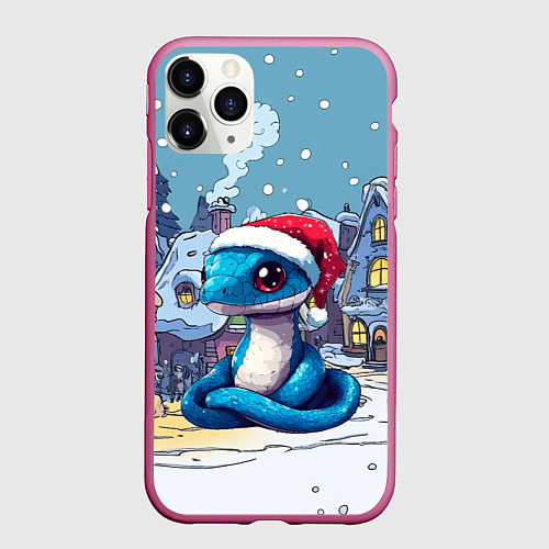 Чехол iPhone 11 Pro матовый Синяя змея в новогоднем городе / 3D-Малиновый – фото 1