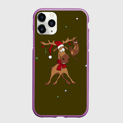 Чехол iPhone 11 Pro матовый Новогодний олень с котом / 3D-Фиолетовый – фото 1