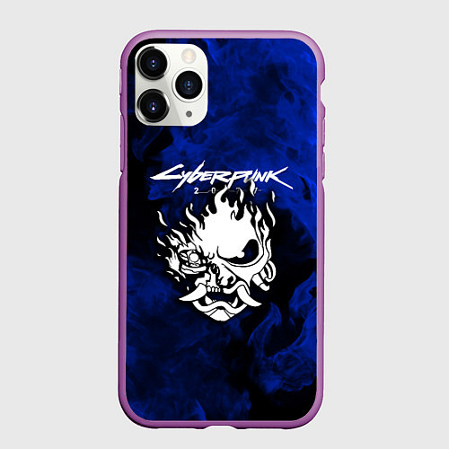 Чехол iPhone 11 Pro матовый Cyberpunk 2077 синий огонь текстура / 3D-Фиолетовый – фото 1