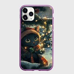 Чехол iPhone 11 Pro матовый Новогодний черный котик, цвет: 3D-фиолетовый