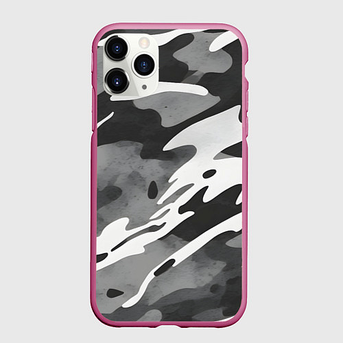 Чехол iPhone 11 Pro матовый Черно белый камуфляж / 3D-Малиновый – фото 1