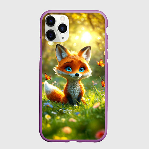 Чехол iPhone 11 Pro матовый Рыжая лисичка и бабочки / 3D-Фиолетовый – фото 1