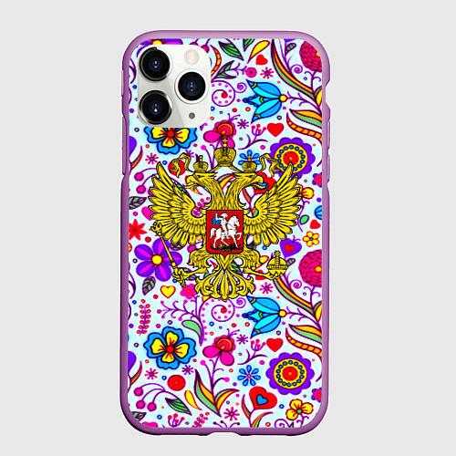 Чехол iPhone 11 Pro матовый Россия гжель нерб / 3D-Фиолетовый – фото 1
