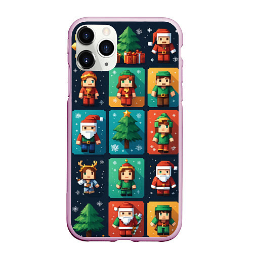 Чехол iPhone 11 Pro матовый Minecraft с новогодний паттерн / 3D-Розовый – фото 1