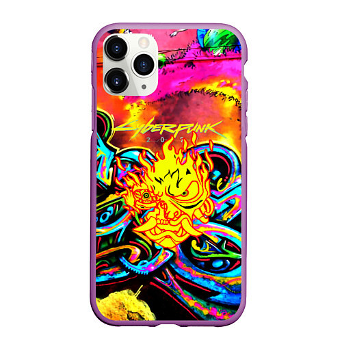 Чехол iPhone 11 Pro матовый Cyberpunk 2077 graffity game / 3D-Фиолетовый – фото 1