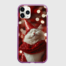 Чехол iPhone 11 Pro матовый Новогодний довольный кот, цвет: 3D-фиолетовый